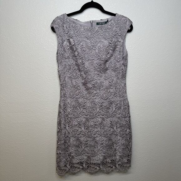 NEW Lauren Ralph Lauren Gray Evening Mesh Overlay Dress Size 8 - Picture 4 of 5
